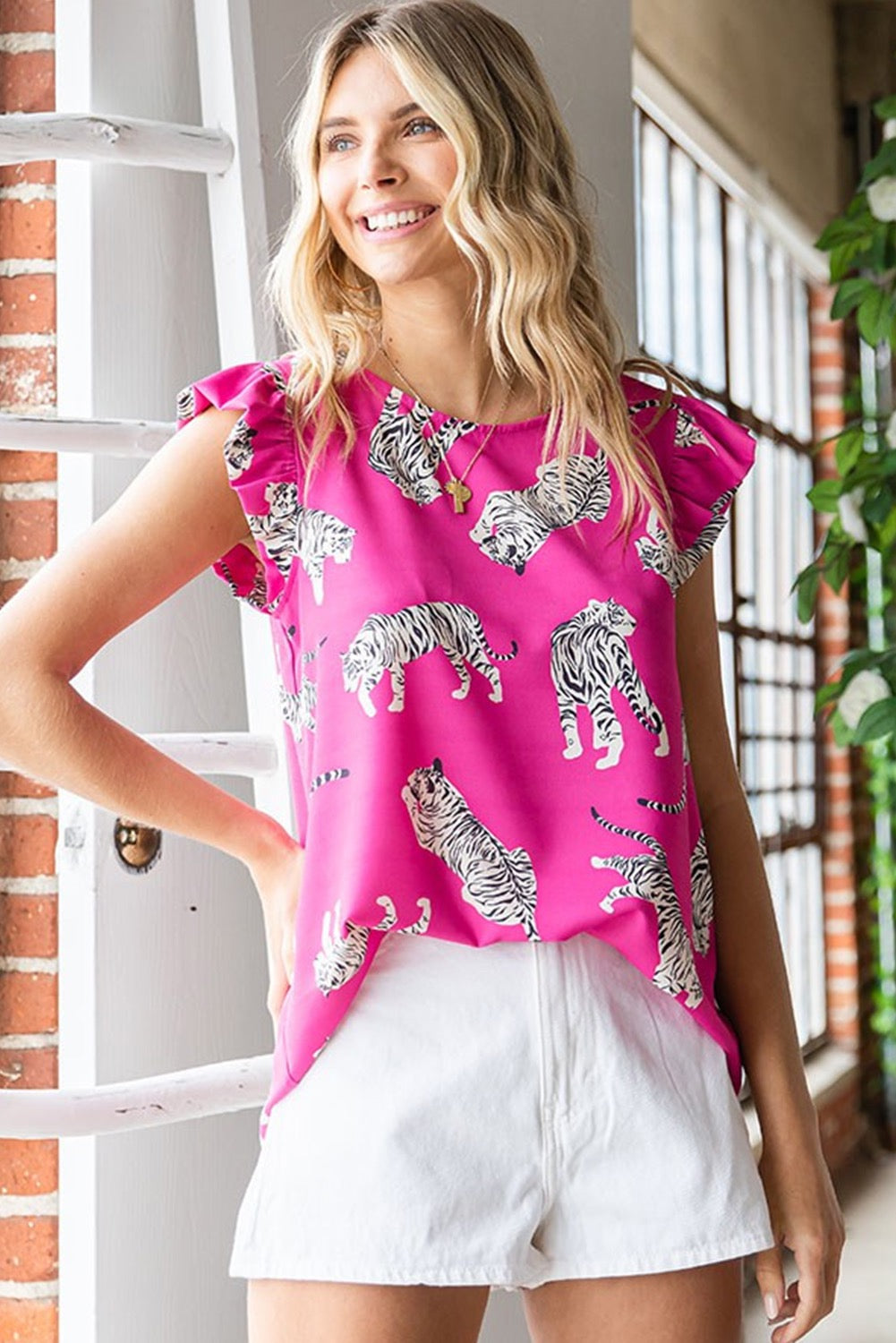 Pink Tiger Ruffle Sleeve Tank