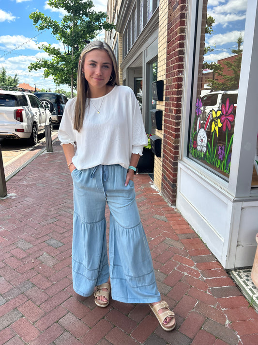 Washed Denim Wide Leg Pants